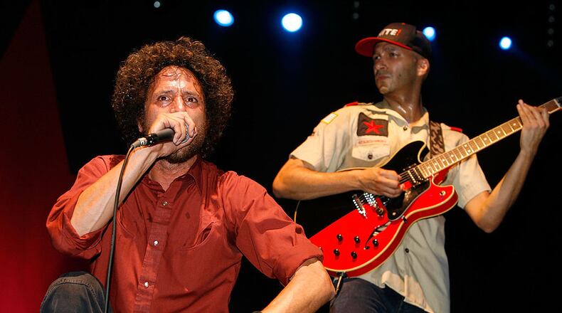 Bandmates Zack de la Rocha, left, and Tom Morello from Rage Against the Machine are scheduled to reunite with other group members in 2020.