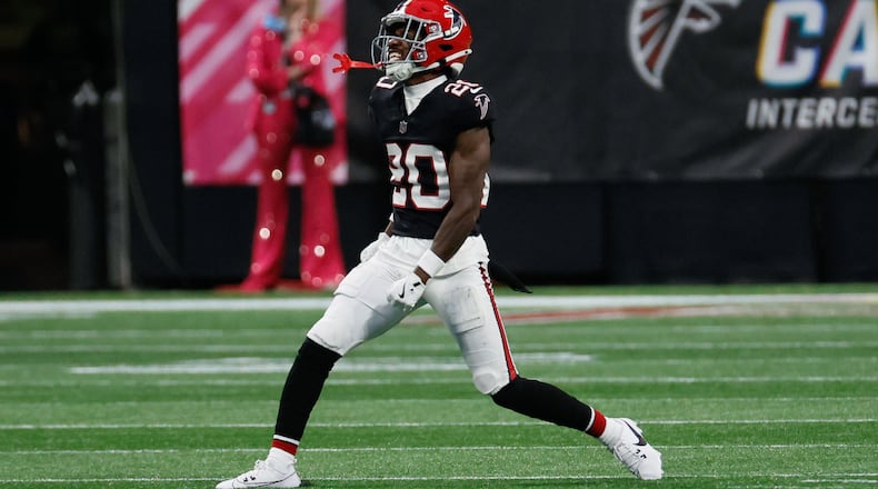 Atlanta Falcons cornerback Dee Alford (20) reacts after he sacked New Orleans Saints quarterback Derek Carr (4) (not pictured) during the second half of an NFL football game against the New Orleans Saints on Sunday, Sept. 29, at Mercedes-Benz Stadium in Atlanta.
(Miguel Martinez/ AJC)