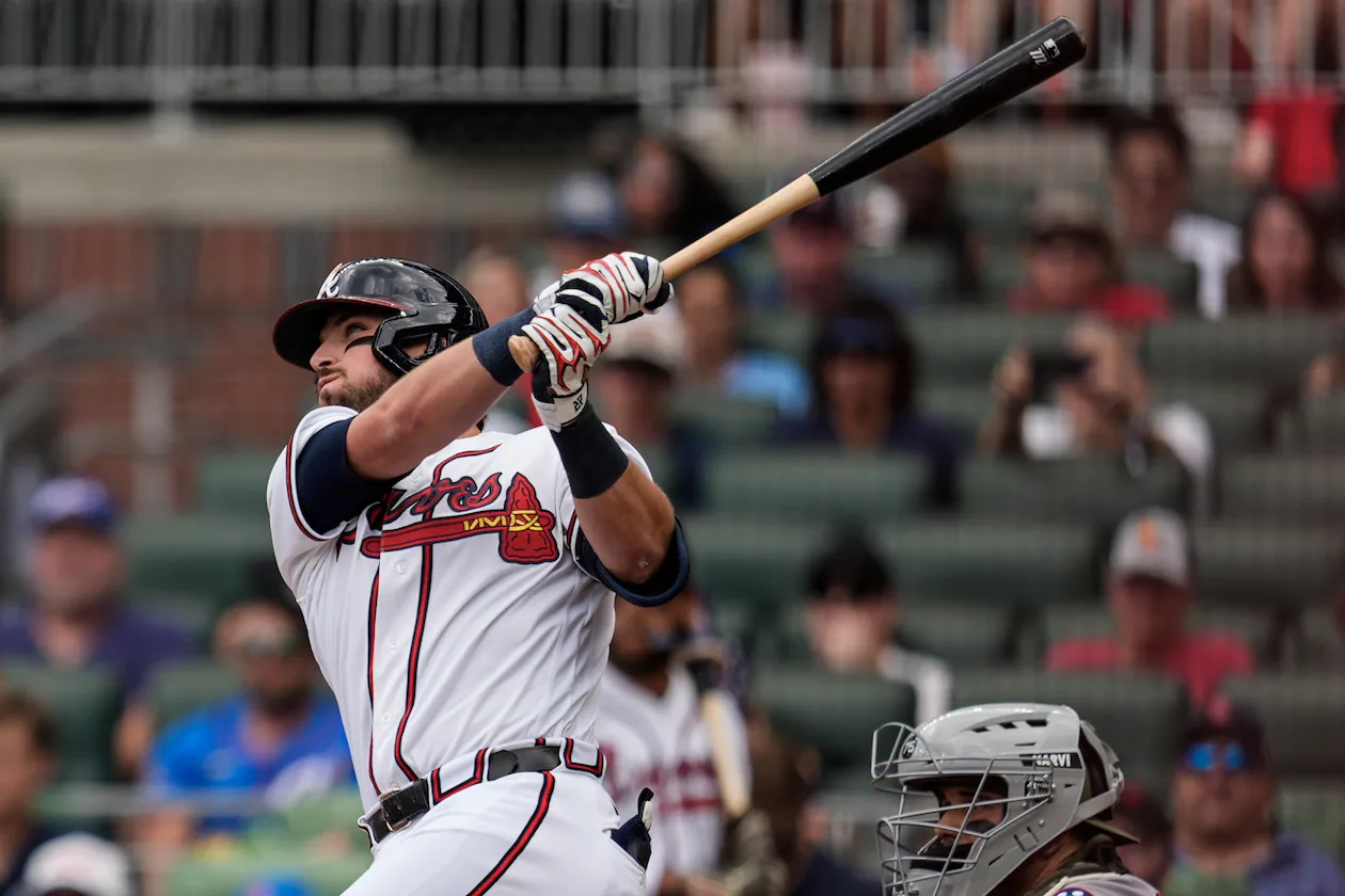 Braves third baseman Austin Riley hits a three-run homer against the Red Sox in the first inning Sunday, May 17, 2026, at Truist Park in Atlanta. (Mike Stewart/AP)