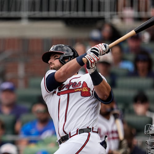Braves third baseman Austin Riley hits a three-run homer against the Red Sox in the first inning Sunday, May 17, 2026, at Truist Park in Atlanta. (Mike Stewart/AP)