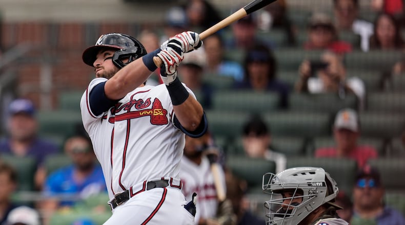 Braves third baseman Austin Riley hits a three-run homer against the Red Sox in the first inning Sunday, May 17, 2026, at Truist Park in Atlanta. (Mike Stewart/AP)