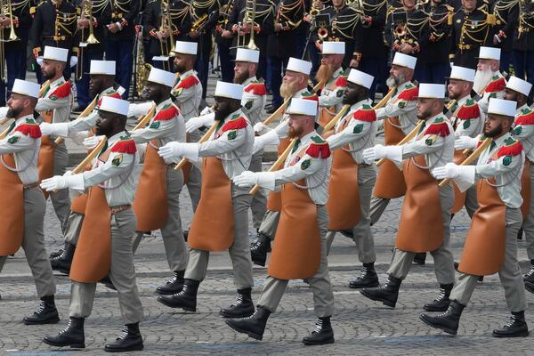 Soldiers of the Foreign Legion march during the Bastille Day parade, Monday, July 14, 2025 in Paris. (AP Photo/Michel Euler)