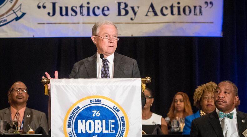 Attorney General Jeff Sessions addresses the National Organization of Black Law Enforcement Executives during a conference, Tuesday, August 1, 2017, in Atlanta. President Trump recently used a speech before law enforcement to encourage them to be "rough" on suspects. (John Amis)