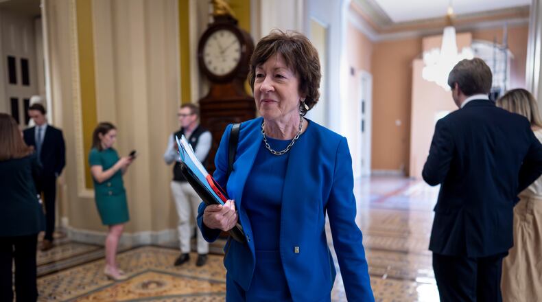FILE - Senate Appropriations Committee Chair Susan Collins, R-Maine, walks to the chamber after meeting behind closed doors with fellow Republicans on the Homeland Security budget stalemate, at the Capitol in Washington, March 26, 2026. (AP Photo/J. Scott Applewhite, File)