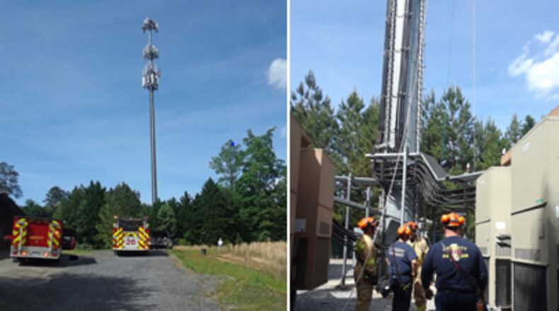 Gwinnett County firefighters helped rescue an injured man from a cell tower in Suwanee on Monday afternoon.