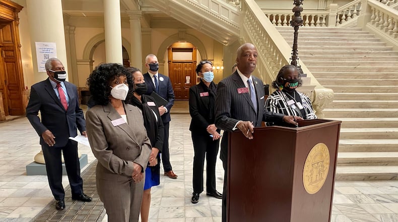State Rep. Billy Mitchell (D-Stone Mountain) speaks at a Wednesday morning press conference where he and Rep. Shelly Hutchinson (D-Snellville) introduced legislation targeting Confederate monuments throughout Georgia. TYLER ESTEP / TYLER.ESTEP@AJC.COM