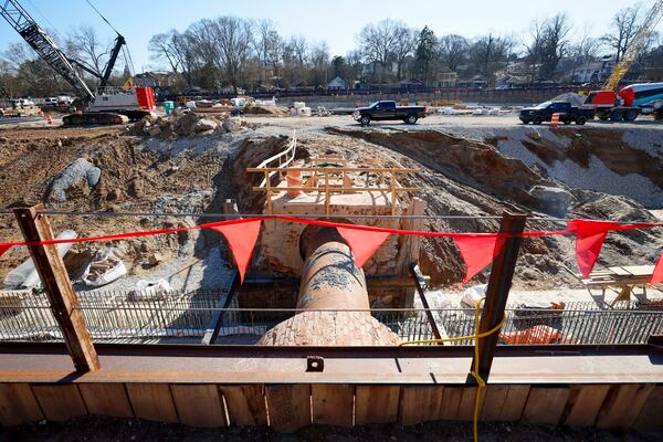 Construction progress at the Custer Avenue Capacity Relief Multi-Benefit project is shown on Monday, Feb. 2, 2026, in Atlanta. The City of Atlanta Department of Watershed Management is building an underground vault with a park on top to improve stormwater management, enhance drainage, and reduce flooding and sewer overflow that have historically affected the area. (Miguel Martinez/AJC)