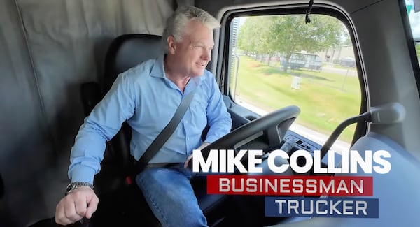 A still from Mike Collins’ ad for his U.S. Senate campaign from July. Collins has used his identity as a trucking business owner as political clout, despite his company’s history of crashes and safety concerns. (Screenshot by ProPublica via Facebook)