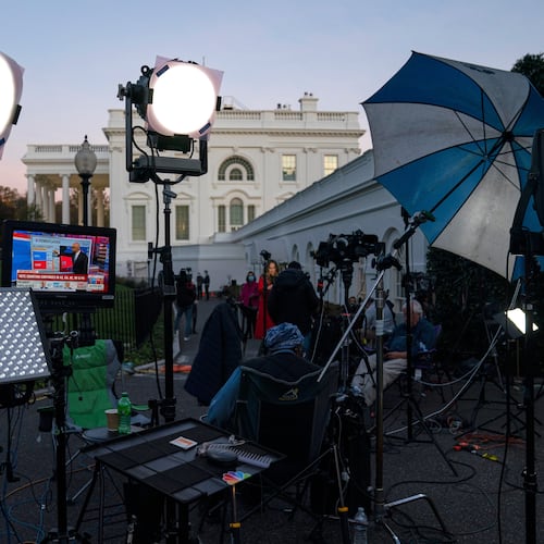 FILE - A feed from the MSNBC cable news channel is pictured on a monitor as media organizations set up outside the White House, Nov. 6, 2020, in Washington. (AP Photo/Evan Vucci, File)