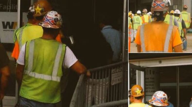 Confederate symbols worn on hard hats at the Mercedes-Benz Stadium construction site are creating controversy. (Credit: Channel 2 Action News)