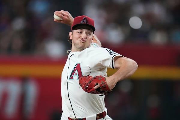 Arizona Diamondbacks starting pitcher Brandon Pfaadt throws against the Atlanta Braves during the first inning of a baseball game Sunday, April 27, 2025, in Phoenix. (AP Photo/Ross D. Franklin)