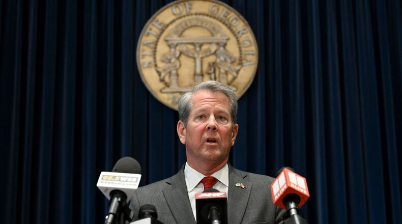Gov. Brian Kemp speaks before signing the state’s new budget at the Georgia Capitol on Tuesday, May 12, 2026, in Atlanta. (Hyosub Shin/AJC)