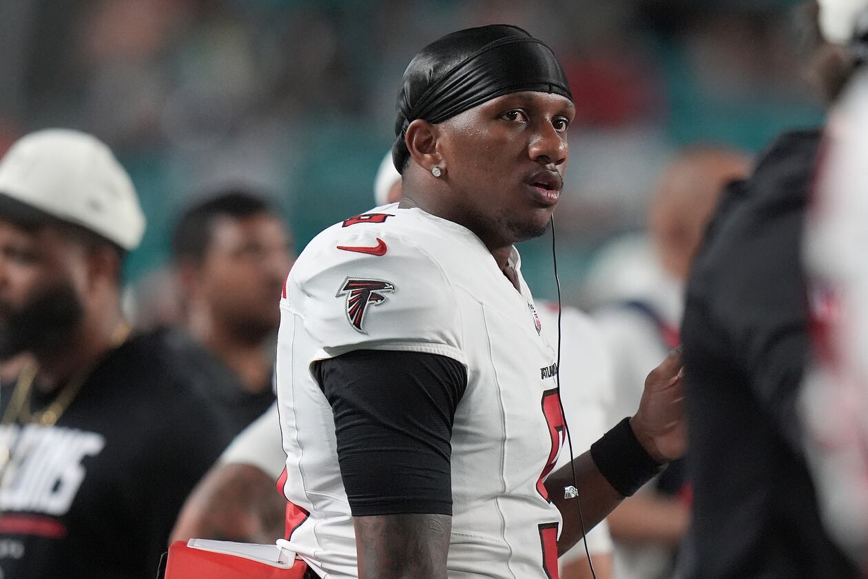 Atlanta Falcons quarterback Michael Penix Jr. stands on the sideline during the second half of an NFL preseason game against the Miami Dolphins, Friday, Aug. 28, 2026, in Miami Gardens, Fla. (Lynne Sladky/AP)