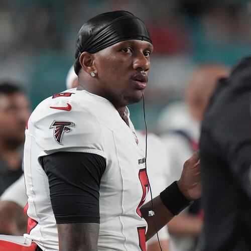 Atlanta Falcons quarterback Michael Penix Jr. stands on the sideline during the second half of an NFL preseason game against the Miami Dolphins, Friday, Aug. 28, 2026, in Miami Gardens, Fla. (Lynne Sladky/AP)