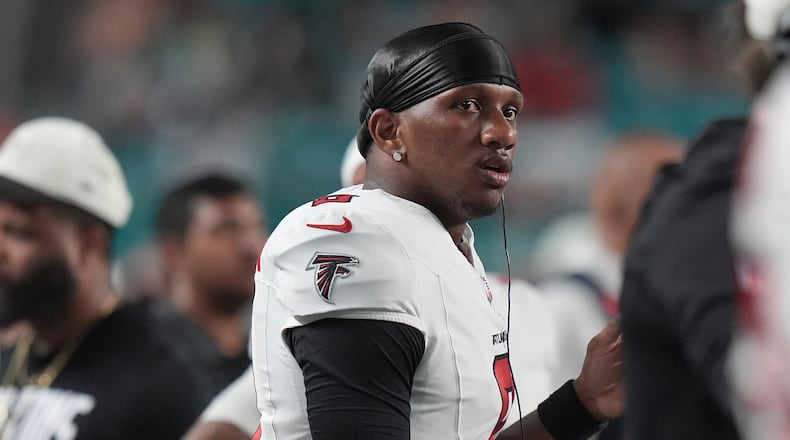 Atlanta Falcons quarterback Michael Penix Jr. stands on the sideline during the second half of an NFL preseason game against the Miami Dolphins, Friday, Aug. 28, 2026, in Miami Gardens, Fla. (Lynne Sladky/AP)