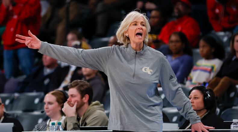 Ga. Tech Yellow Jackets head coach Nell Fortner yells instructions during the second half against the N.C. State Wolfpack at McCamish Pavilion on Thursday, February 20, 2025, in Atlanta.
(Miguel Martinez/ AJC)
