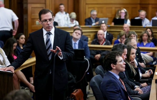 Prosecutor Hank Brennan, left, speaks to jurors during closing arguments in the murder trial of Karen Read in Norfolk Superior Court, Friday, June 13, 2025, in Dedham, Mass. (Mark Stockwell/The Sun Chronicle via AP, Pool)