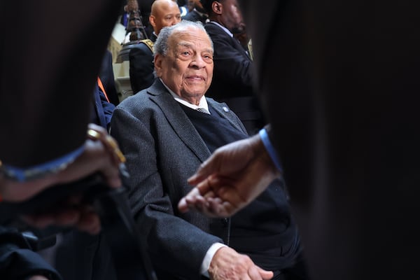 Former U.S. Ambassador and Atlanta Mayor Andrew Young attends an event honoring “The Original 33” at the Capitol in February. After the Civil War, 33 Black men were elected to Georgia’s General Assembly but were expelled by White lawmakers within months. (Arvin Temkar/AJC)