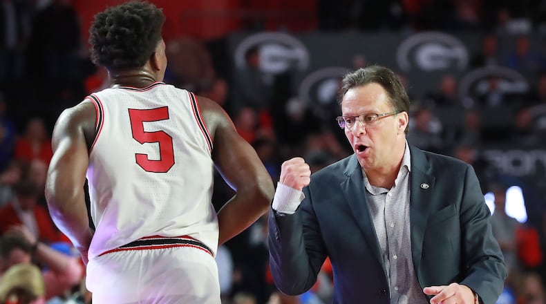 Georgia head coach Tom Crean urges Anthony Edwards and his team against Kentucky in a NCAA college basketball game on Tuesday, January 7, 2020, in Athens.  Curtis Compton ccompton@ajc.com