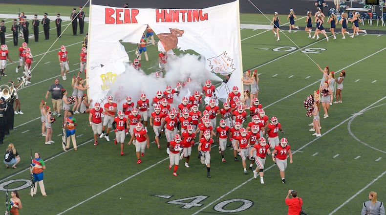 The Allatoona Buccaneers take the field prior to the start of a 2019 game. (Daniel Varnado/Special)