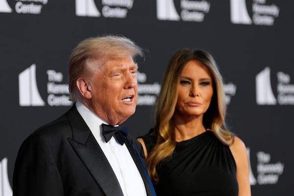 President Donald Trump and first lady Melania Trump arrive to view opening night of "Les Miserables," at the Kennedy Center, Wednesday, June 11, 2025, in Washington. (AP Photo/Alex Brandon)