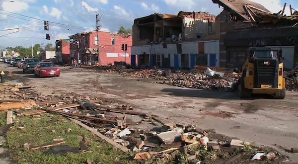 Debris covers the ground after a severe storm passed the area on Saturday, May 17, 2025 in St. Louis, Mo. ( KMOV via AP)