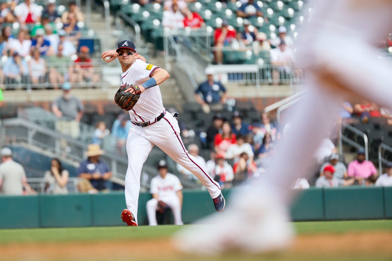 Atlanta Braves third base Austin Riley (27) prepares a shot to first base during the ninth inning against the Minnesota Twins at Truist Park on Sunday, April 20, 2025, in Atlanta. 
(Miguel Martinez/ AJC)