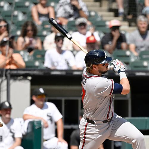 Atlanta Braves' Austin Riley hits a one-run double during the third inning of a baseball game against the Chicago White Sox, Thursday, Aug. 20, 2026, in Chicago. (AP Photo/Matt Marton)