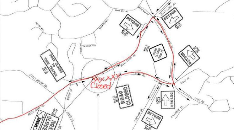 Map depicts the detours around a closed section of Ridge Road in the Sixes area of unincorporated Cherokee County. CHEROKEE COUNTY