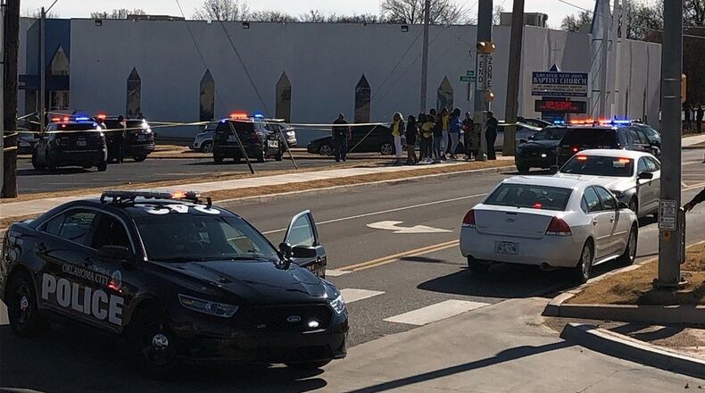 Two people were hit by gunfire Monday outside an Oklahoma City church where a funeral was being held, police said.