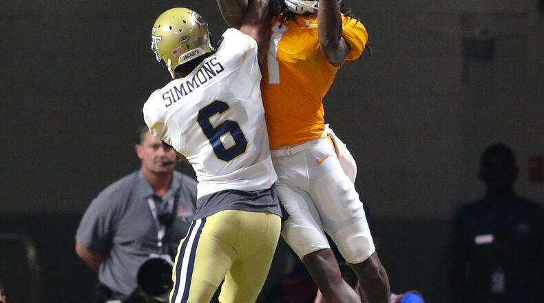 Tennessee wide receiver Marquez Callaway (1) makes a catch for a touch down as Georgia Tech defensive back Lamont Simmons (6) defends in the second half of an NCAA college football game, Monday, Sept. 4, 2017, in Atlanta. (AP Photo/John Bazemore)