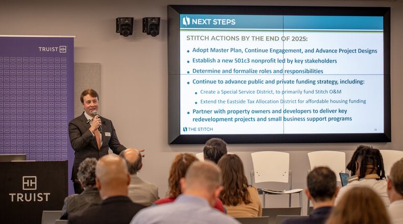 Central Atlanta Progress unveils the master plan for the urban development project Stitch where Jack Cebe, Stitch development manager, provides details on Wednesday, Oct 23, 2024.  The Stitch will span over the Downtown Connector. (Jenni Girtman for The Atlanta Journal-Constitution)