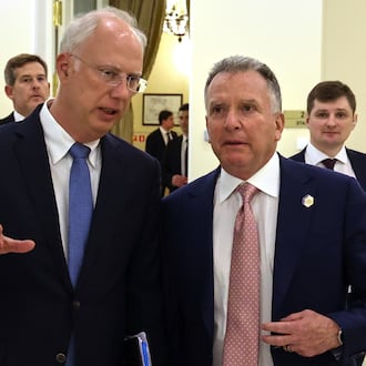 FILE - Russian President Vladimir Putin's envoy Kirill Dmitriev, left, and U.S. President Donald Trump's special envoy Steve Witkoff attend talks in St. Petersburg, Russia, on April 11, 2025. (Vyacheslav Prokofyev, Sputnik, Kremlin Pool Photo via AP, File)
