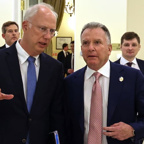 FILE - Russian President Vladimir Putin's envoy Kirill Dmitriev, left, and U.S. President Donald Trump's special envoy Steve Witkoff attend talks in St. Petersburg, Russia, on April 11, 2025. (Vyacheslav Prokofyev, Sputnik, Kremlin Pool Photo via AP, File)