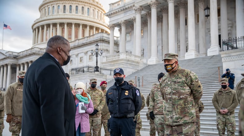 U.S. Secretary of Defense Lloyd Austin III met with U.S. Army Maj. Gen. William J. Walker, commanding general of the District of Columbia National Guard, and senior leaders at the U.S. Capitol on Jan. 29. U.S. Army National Guard photo by Staff Sgt. Erica Jaros