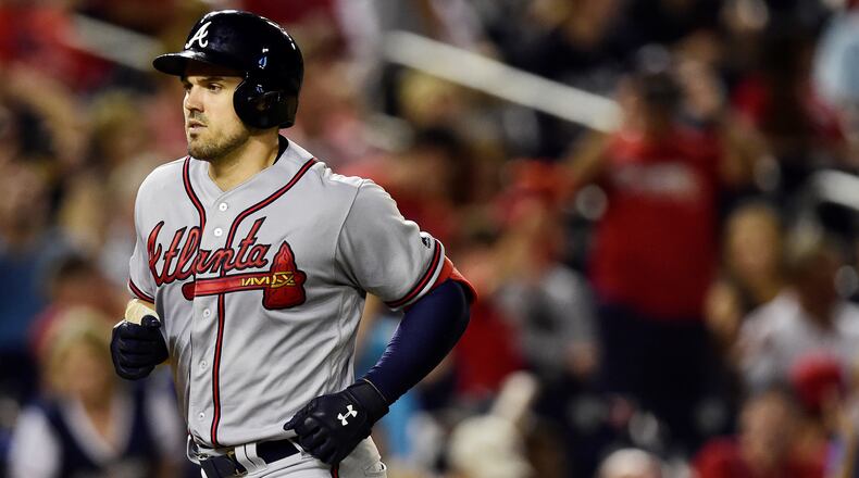 Adam Duvall of the Atlanta Braves runs the bases after hitting a solo home run in the seventh inning against the Washington Nationals at Nationals Park on July 30, 2019 in Washington, DC. (Photo by Patrick McDermott/Getty Images)