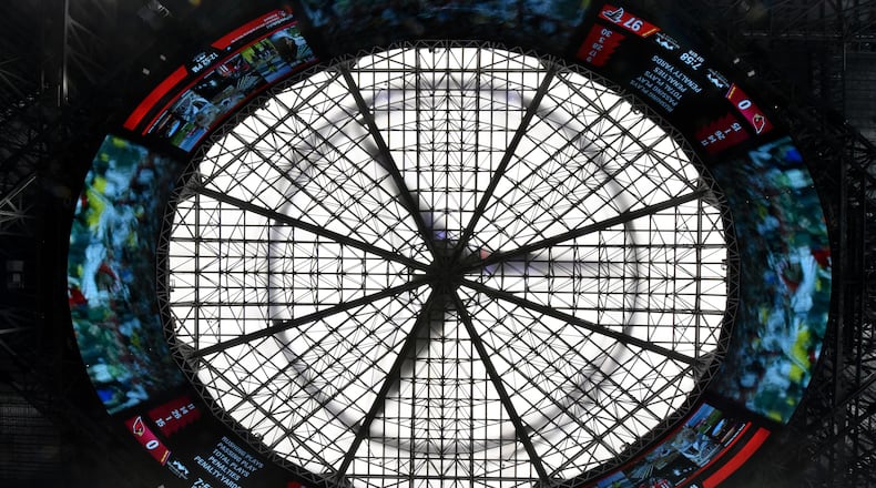 August 15, 2017 Atlanta - The roof and screen boards are shown during a tour of Mercedes-Benz Stadium on Tuesday, August 15, 2017. HYOSUB SHIN / HSHIN@AJC.COM