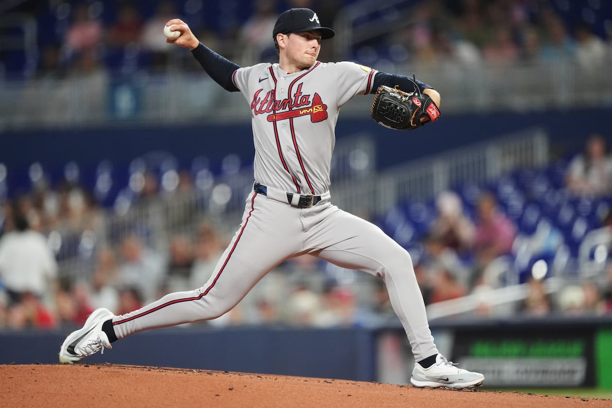Braves starting pitcher JR Ritchie throws against the Marlins on Monday, May 18, 2026, in Miami. Ritchie is having the year many expected, splitting time between Triple-A Gwinnett and the majors. (Rebecca Blackwell/AP)