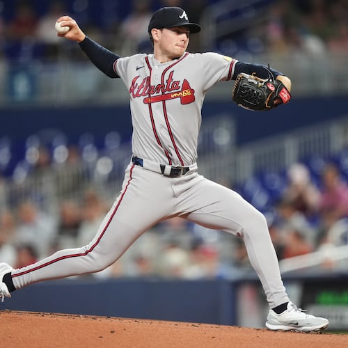 Braves starting pitcher JR Ritchie throws against the Marlins on Monday, May 18, 2026, in Miami. Ritchie is having the year many expected, splitting time between Triple-A Gwinnett and the majors. (Rebecca Blackwell/AP)