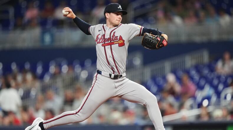 Braves starting pitcher JR Ritchie throws against the Marlins on Monday, May 18, 2026, in Miami. Ritchie is having the year many expected, splitting time between Triple-A Gwinnett and the majors. (Rebecca Blackwell/AP)