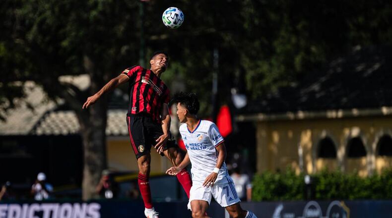 Miles Robinson connects on a header against Cincinnati Thursday, July 16, 2020, in the MLS tournament in Orlando, Fla. (MLS)
