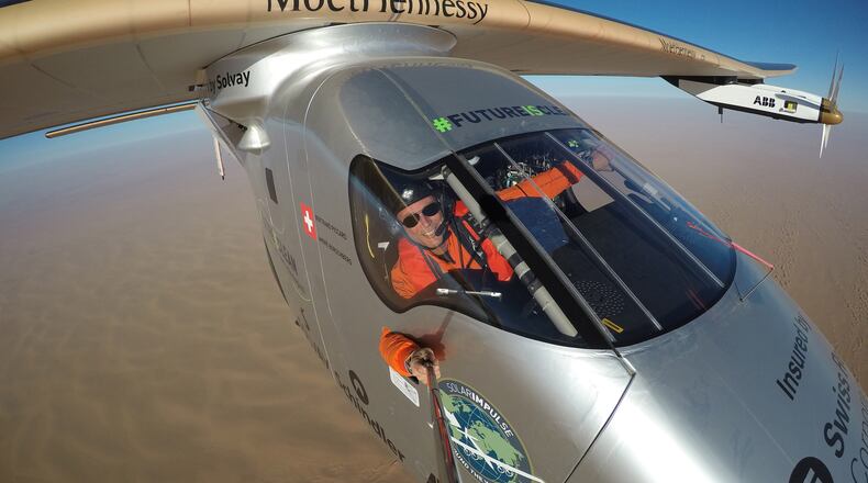 IN FLIGHT - JULY 25: In this handout image supplied by Jean Revillard, Swiss pioneer Bertrand Piccard takes a selfie during the last leg of the round the world trip with Solar Impulse 2 over the Arab peninsula prior to the landing in Abu Dhabi to finish the first around the world flight without the use of fuel on July 25, 2016 in Abu Dhabi, UAE. The The 42,000 km journey was completed in 17-stages across four continents. The Solar Impulse 2 is equipped with 17,000 solar cells, has a wingspan of 72 metres, and yet weighs just over 2 tonnes. (Photo by Jean Revillard/Solar Impulse2 via Getty Images)