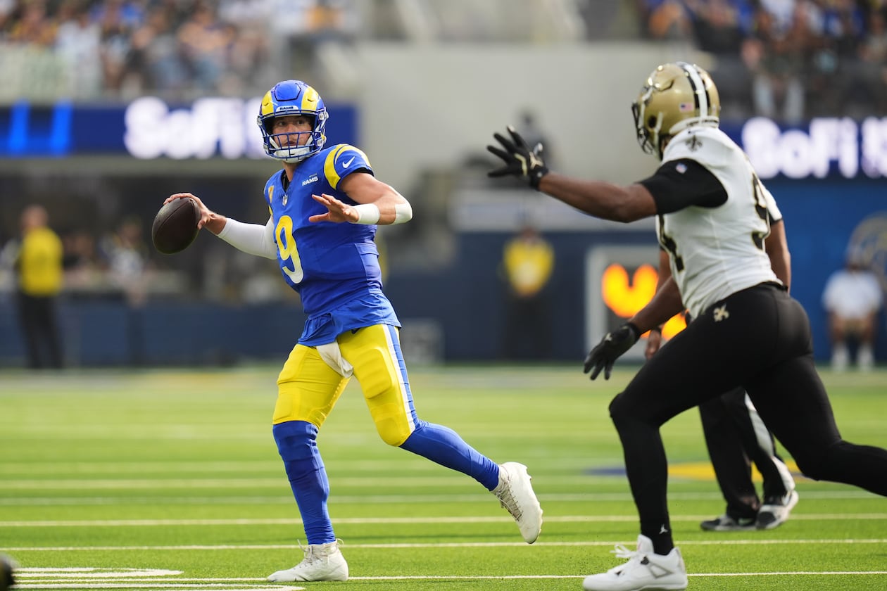 Los Angeles Rams quarterback Matthew Stafford passes under pressure from New Orleans Saints defensive end Cameron Jordan in the first half of an NFL football game Sunday, Nov. 2, 2025, in Inglewood, Calif. (Gregory Bull/AP)