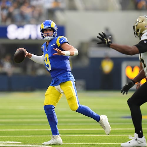 Los Angeles Rams quarterback Matthew Stafford passes under pressure from New Orleans Saints defensive end Cameron Jordan in the first half of an NFL football game Sunday, Nov. 2, 2025, in Inglewood, Calif. (Gregory Bull/AP)