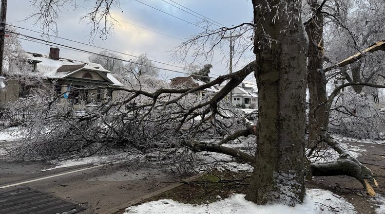 A tree blocks the road days after an ice storm in Nashville, Tenn., on Tuesday, Jan. 27, 2026. (AP Photo/Travis Loller)