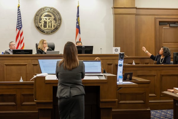 Fulton County Superior Court Judge Shermela Williams (right) testifies before the hearing panel of the Georgia Judicial Qualifications Commission during the first day of her misconduct trial in Atlanta on Wednesday, May 21, 2025. 
(Miguel Martinez/ AJC)