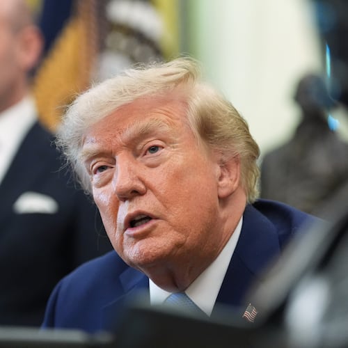 President Donald Trump speaks in the Oval Office of the White House, Thursday, Aug. 6, 2026, in Washington. (AP Photo/Alex Brandon)