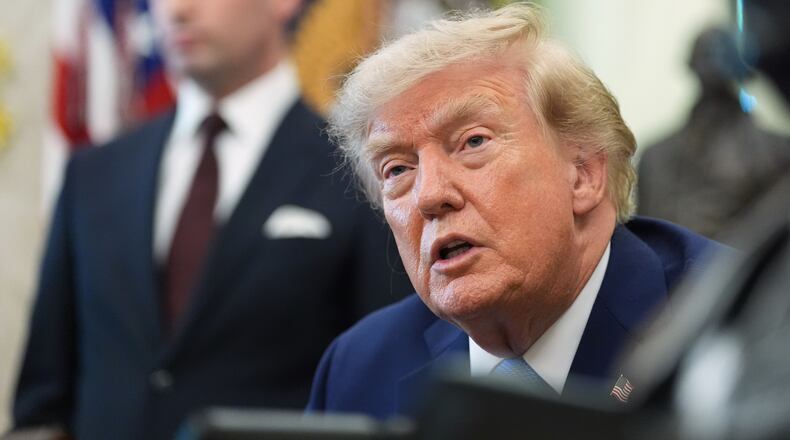 President Donald Trump speaks in the Oval Office of the White House, Thursday, Aug. 6, 2026, in Washington. (AP Photo/Alex Brandon)