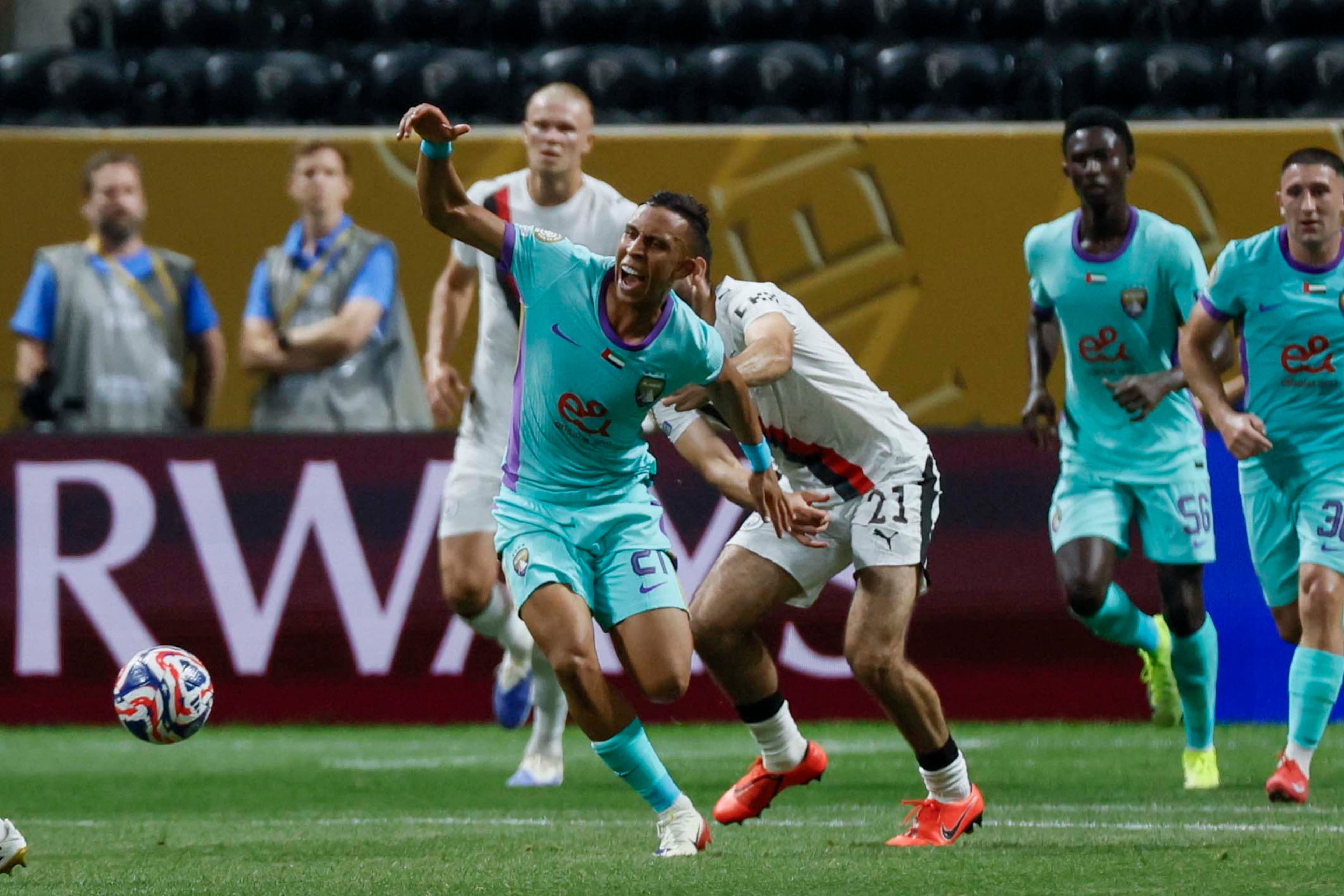 Al Ain's forward Kodjo Fo-Doh Laba (9) racts after a foul during the Club World Cup group G soccer match between Manchester City and Al Ain at Mercedes-Benz Stadium on Sunday, June 22, 2025.
(Miguel Martinez/ AJC)