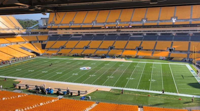 Pressbox view of Heinz Field, where Pitt and Syracuse played last night. The field doesn’t appear to be in very good shape. (By D. Orlando Ledbetter/dledbetter@ajc.com)